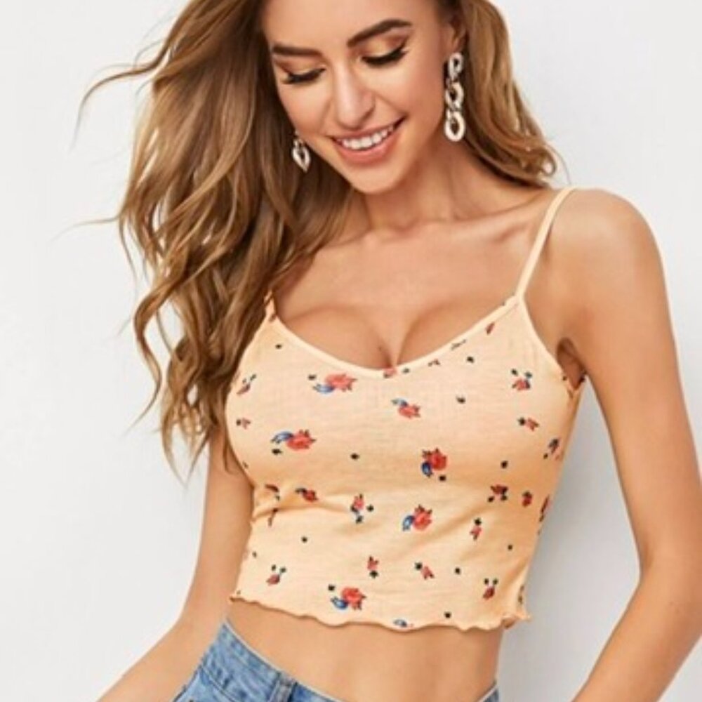 Small cropped top cami coral orange sorbet floral print cropped top lettuce trim